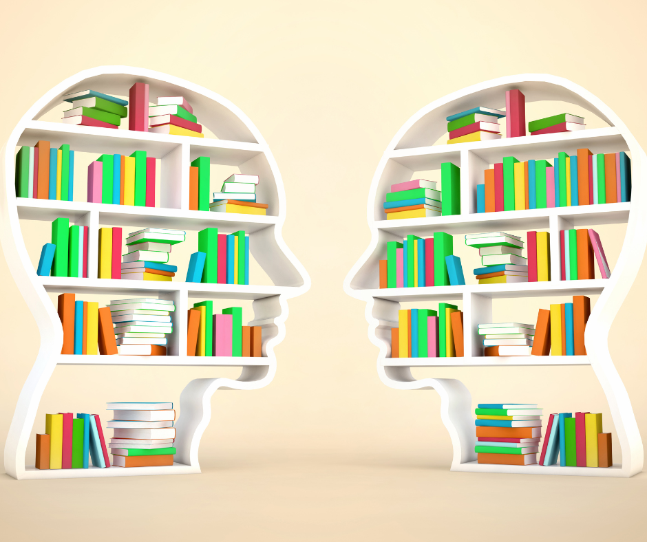 Image shows two human head silhouettes filled with books to illustrate supporting a learning culture.