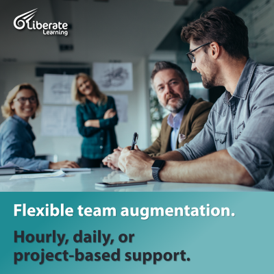 Image shows L&D Experts for Hire. Text reads Flexible team augmentation. Hourly, daily, or project-based support.